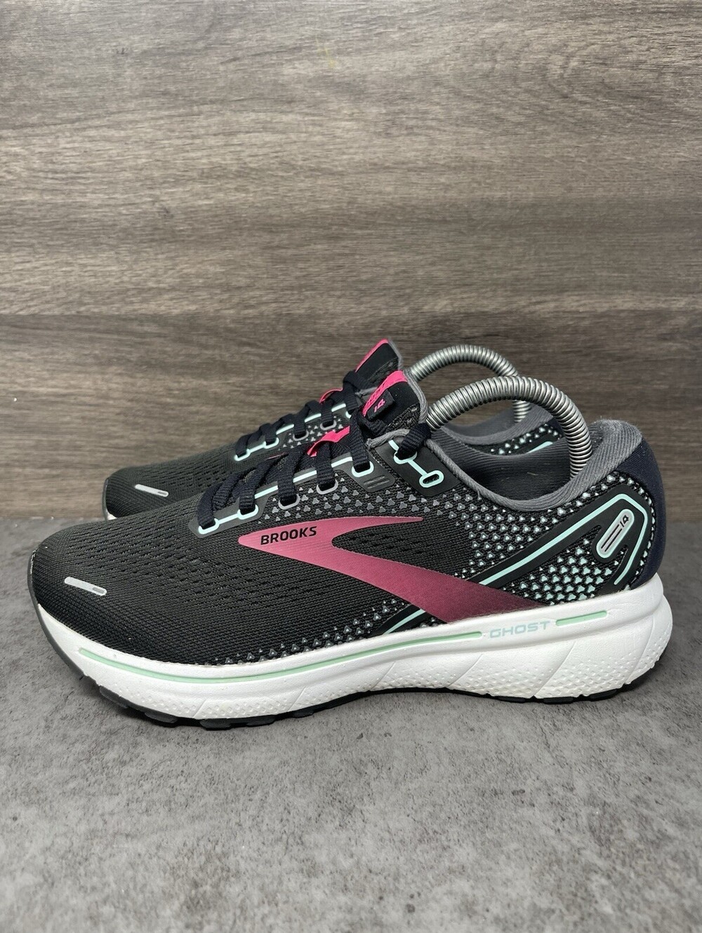 Brooks Ghost 14 Size 8 Womens Wide Black Pink Aqua Running Shoes 1203561D013
